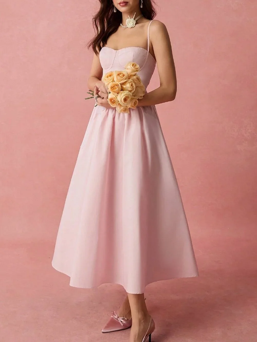 Pink Elegant Women's Romantic Pleated Long Dress